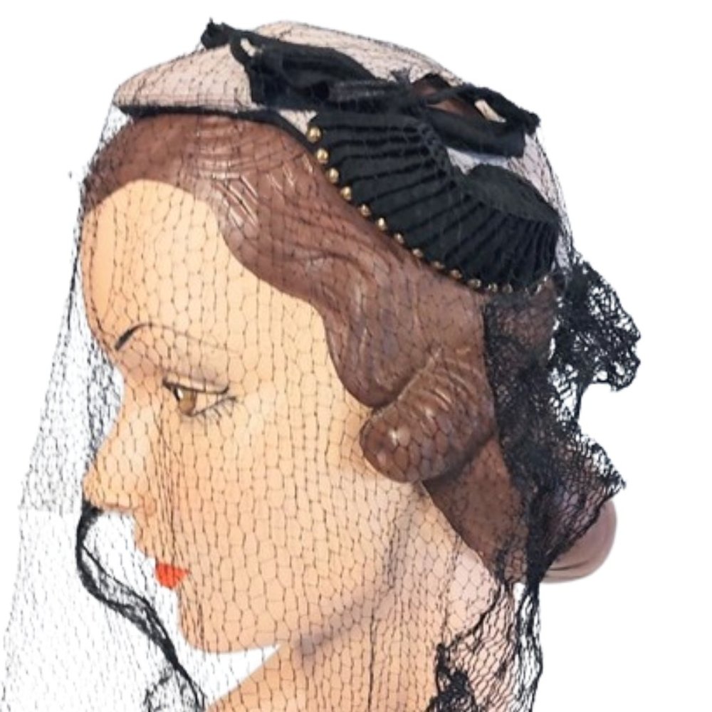 1940s Vintage Small Tan & Black Calot Juliet Hat With Black Full Chapel Veil - Picture 5 of 9